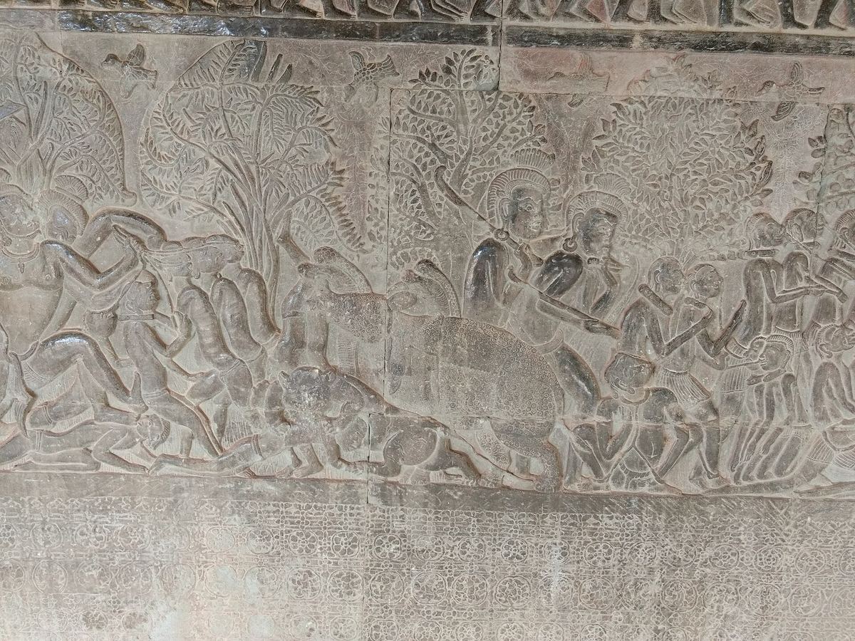 Bas-relief of a rhinoceros in a gallery at Angkor Wat