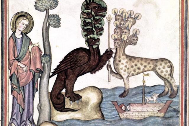 Medieval manuscript painting of a dark, winged dragon handing a sceptre to a many-headed beast