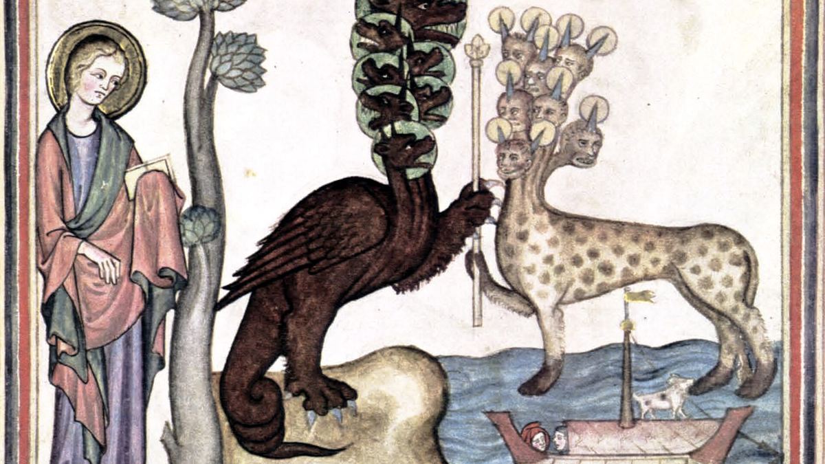 Medieval manuscript painting of a dark, winged dragon handing a sceptre to a many-headed beast
