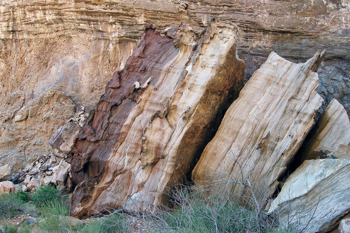 Close view of tilted slabs of Tapeats Sandstone in the Grand Canyon
